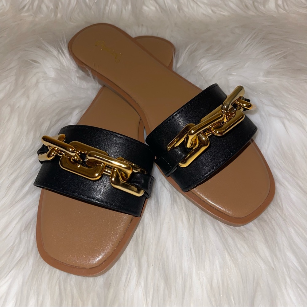 Qupid Black & Tan Slide Sandals with Gold Chain Accent